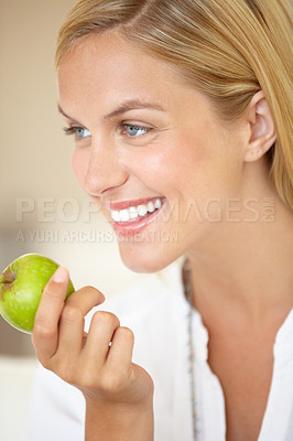 Buy stock photo Happy woman, holding and apple in closeup for health, nutrition or wellness. Female person, smile or excited for choice in vegan, vegetarian or organic diet with fruit for wellbeing, vitamin or fibre