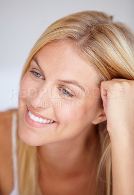 Buy stock photo Closeup, happy woman and face for thinking in home, peaceful and calm with vision for future. Female person, smile and joyful expression on face with nostalgia, relaxing or alone by quiet in bedroom