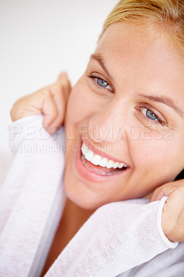 Buy stock photo Face, happy woman and smile for closeup in home for peaceful, rest and relaxation for surprise. Female person, joyful and excited expression for choice, decision and confidence with hands for pose