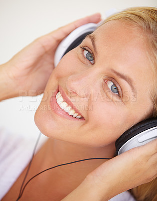 Buy stock photo Portrait, happy woman and headphones for listening to music, freedom and wireless in closeup. Female person, face and smile with excitement for technology with podcast, radio or streaming service