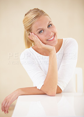 Buy stock photo Portrait, happy woman and idea with smile in home for peace, calm or relaxing. Female person, hand and pose for joyful expression on face for daydream, vision or thinking for zen, comfort and alone