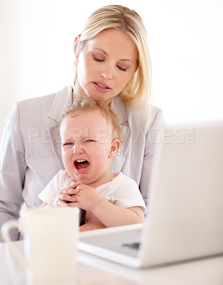 Buy stock photo Businesswoman, crying and baby for remote work in home with laptop for multitask, productivity and job. Single mom, toddler and lap for comfort, childcare or love for freelance, development woking