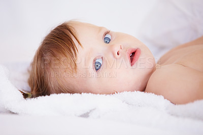 Buy stock photo Portrait, growth and child development with a baby in the bedroom to relax alone in the morning. Face, kids or youth and an adorable young infant girl on a bed with blankets for comfort in a home