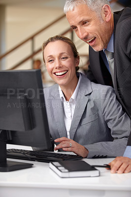 Buy stock photo Reading, computer and happy business people in office for online news, website and research. Teamwork, corporate and woman with manager at desk for collaboration, coworking project and meeting