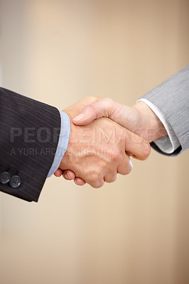 Buy stock photo Business people, handshake and meeting in b2b, partnership or deal together in teamwork at office. Closeup of employees shaking hands in thank you for hiring, agreement or recruiting on mockup space