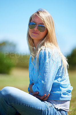 Buy stock photo Cropped shot of a beautiful young woman outdoors
