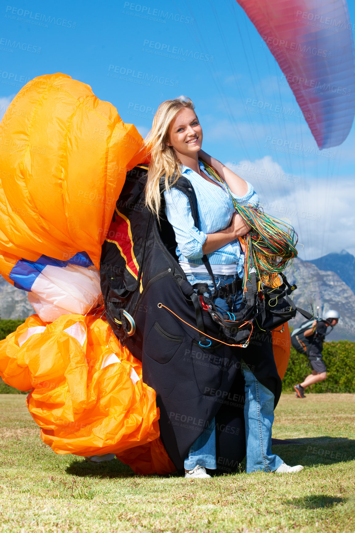 Buy stock photo Parachute, sport or woman in nature for portrait, smile or strings for exercise for flight preparation. Athlete, face or happy with travel for outdoor wellness, helmet or equipment in countryside