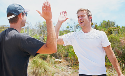 Buy stock photo Sports, high five and fitness in nature with happy, collaboration for training for exercise in summer. Athlete, congratulations and together for outdoor wellness, adventure or teamwork in countryside