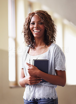 Buy stock photo Teacher, portrait and black woman with notebook in school hallway with pride for career or job. Education, book and funny female educator in corridor ready for teaching or working in South Africa.