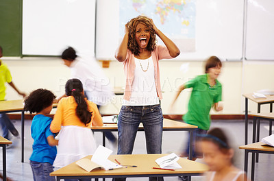 Buy stock photo Stress, teacher screaming and black woman in classroom with children running around. Education, headache and female person shouting with burnout, tired or fatigue with kids in busy class at school.