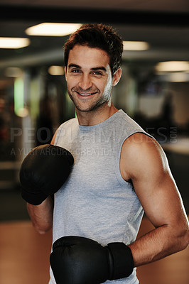 Buy stock photo Man, boxing gloves and training with gym portrait with smile, wellness or exercise for fight, performance or sport. MMA, boxer and happy for contest, competition or workout for development with sweat