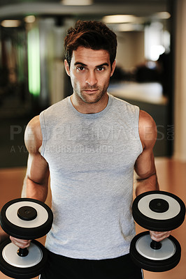 Buy stock photo Portrait, dumbbells and man with fitness, exercise and healthy with wellness, workout and practice. Face, person or guy with gym equipment, muscle and performance with training, sweaty or bodybuilder