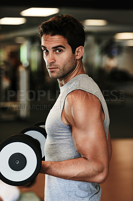 Buy stock photo Portrait, dumbbells and man with fitness, workout and healthy with wellness, muscle and practice. Face, person and guy with gym equipment, training and energy with performance, sweaty or bodybuilder