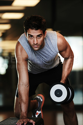 Buy stock photo Portrait, dumbbells and man with fitness, wellness and healthy with performance, workout and practice. Face, person and guy with gym equipment, muscle and energy with training, sweaty and bodybuilder