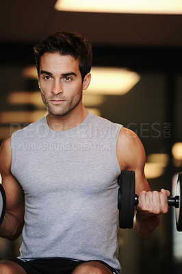 Buy stock photo Man, lifting weights and arms for fitness, body and building for muscle, strong and exercise. Male person, dumbbell and training for endurance, wellness and workout at gym, equipment and power