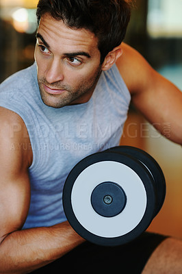 Buy stock photo Thinking, dumbbells and man with fitness, exercise and healthy with wellness, workout and practice. Face, person and guy with gym equipment, training and relax with energy, muscle and bodybuilder