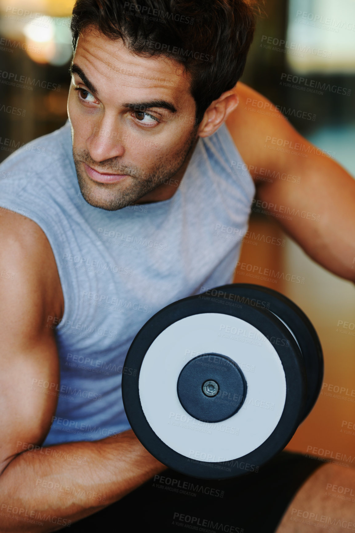 Buy stock photo Thinking, dumbbells and man with fitness, exercise and healthy with wellness, workout and practice. Face, person and guy with gym equipment, training and relax with energy, muscle and bodybuilder