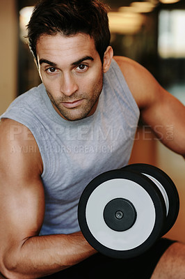 Buy stock photo Portrait, dumbbells and man with fitness, training and healthy with wellness, workout and practice. Face, person and guy with gym equipment, progress and strength with muscle, sweaty and bodybuilder