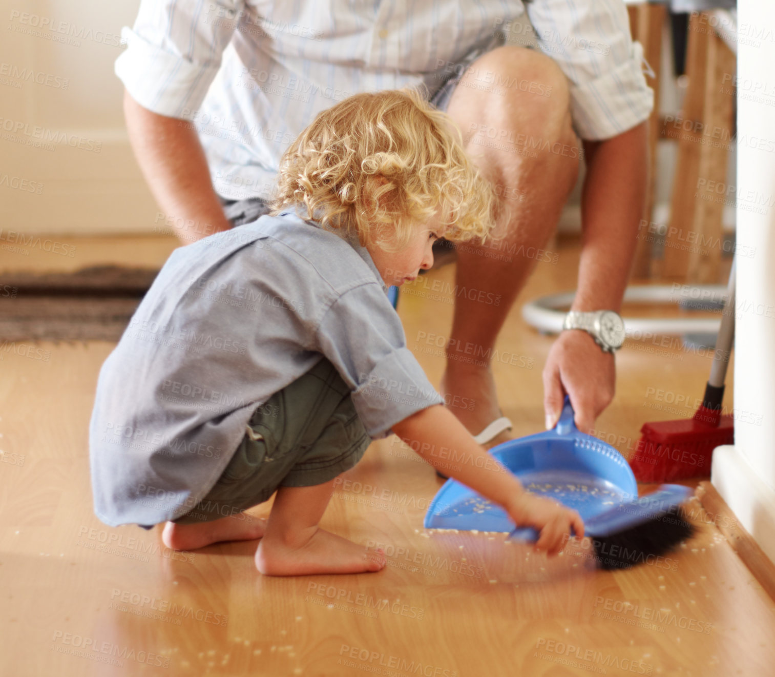 Buy stock photo Father with boy child sweeping up mess, family cleaning together and help with broom and dustpan. Hygiene, chores and house work, man and kid bonding, working together and helping with dirt on floor