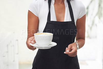 Buy stock photo Coffee cup, giving and woman hands for restaurant service, hospitality and customer experience. Latte, drink or espresso with waitress or person in cafe closeup for industry, business or shop barista