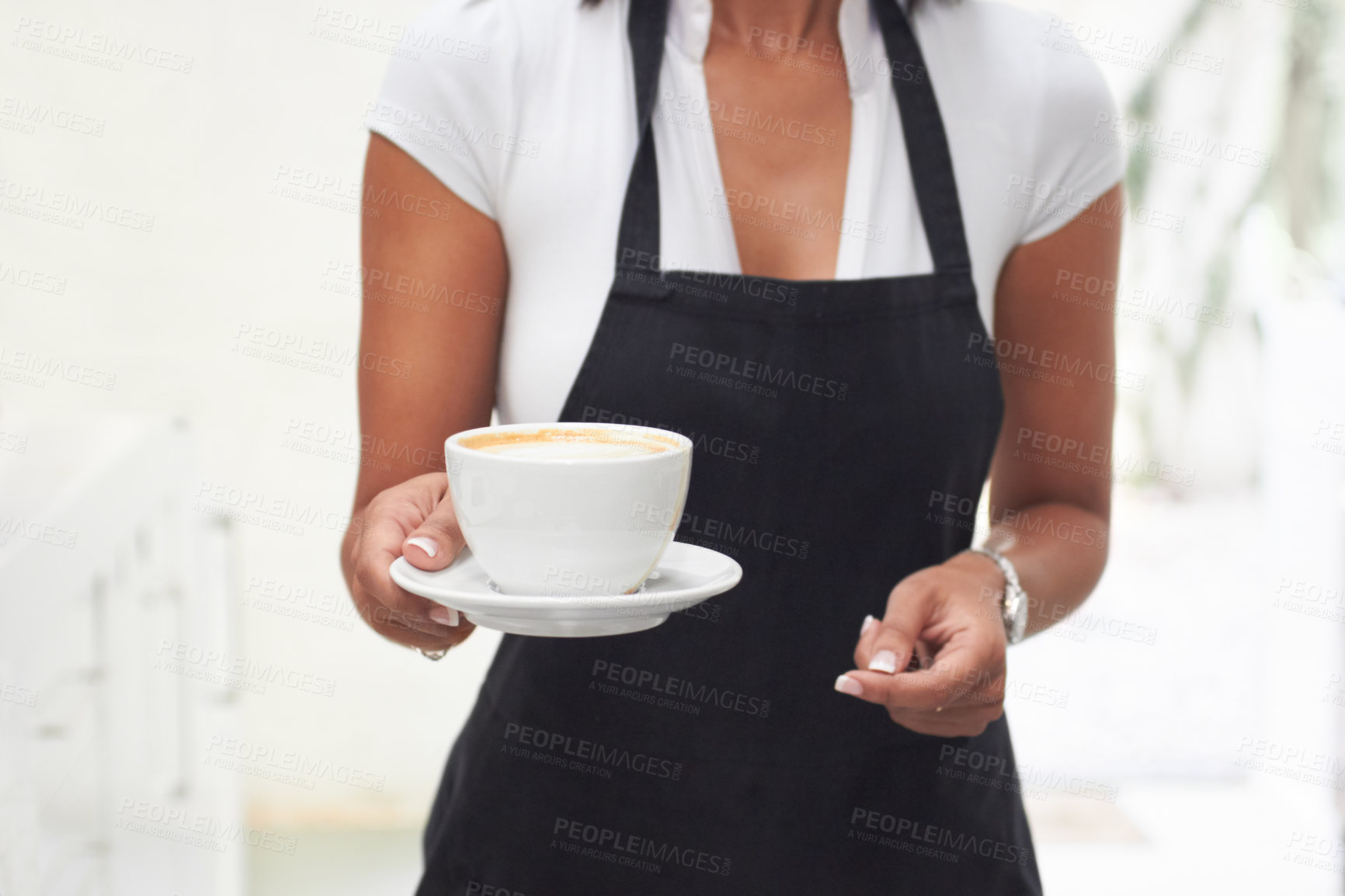 Buy stock photo Coffee cup, giving and woman hands for restaurant service, hospitality and customer experience. Latte, drink or espresso with waitress or person in cafe closeup for industry, business or shop barista