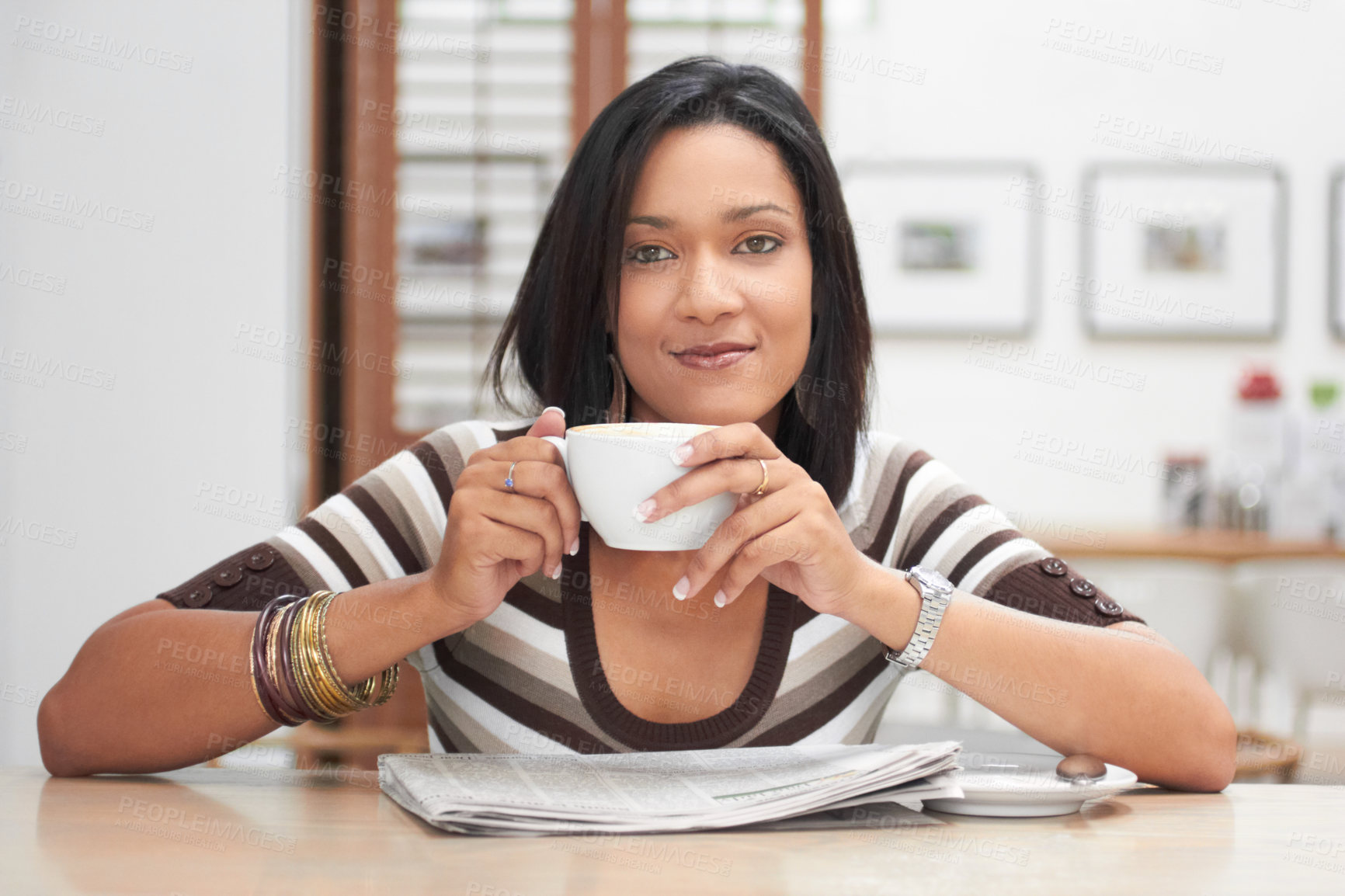 Buy stock photo Portrait, drink and woman in coffee shop, restaurant or store, relax and enjoying latte, espresso or caffeine. Face, tea and female person in cafe from Brazil with beverage for calm, peace or break.