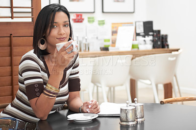 Buy stock photo Coffee cup, portrait and woman with customer experience of small business, happy drink and espresso for inspiration. Face of a young african person with latte or tea at a cafe, diner or restaurant