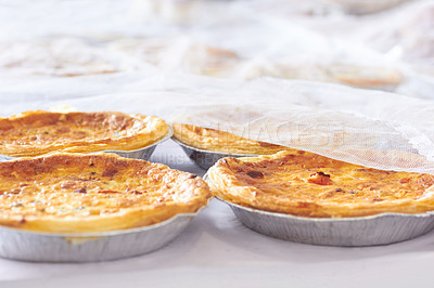 Buy stock photo Closeup of pie, bakery and pastry with food product, dessert choice with hospitality industry and luxury. Baking good in cafe with baker or chef skill, fresh bake and delicious cuisine with catering