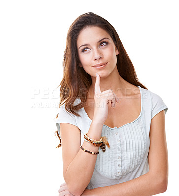 Buy stock photo Why, question and decision of thinking girl with choice, pondering and curious expression. Ideas, planning and strategy of beautiful woman contemplating solution in white studio background

