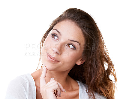 Buy stock photo Thinking, happy and woman with a solution, decision and smile for an idea on a white background in studio. Day dreaming, vision and face of a curious girl with a choice, facial why and planning ideas