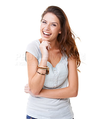 Buy stock photo A pretty young brunette laughing while isolated on a white background