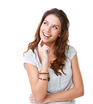 Buy stock photo Shot of a thoughtful-looking young woman isolated on white