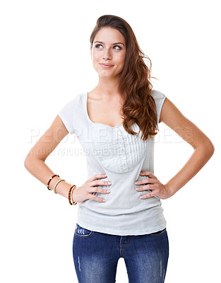 Buy stock photo Question, thinking and woman with an idea in the studio with a positive, happy and optimistic mindset. Thoughtful, pensive and mindful female model daydreaming while isolated by a white background.