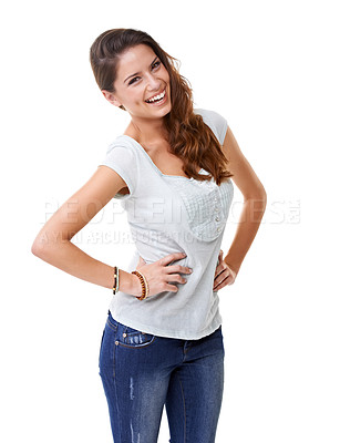 Buy stock photo A beautiful young woman smiling with her hands on her hips