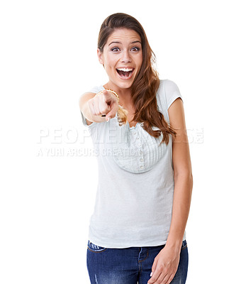 Buy stock photo Beautiful, happy and excited woman pointing finger with expression against a white studio background. Portrait of isolated female model posing with smile in happiness standing with hand gesture