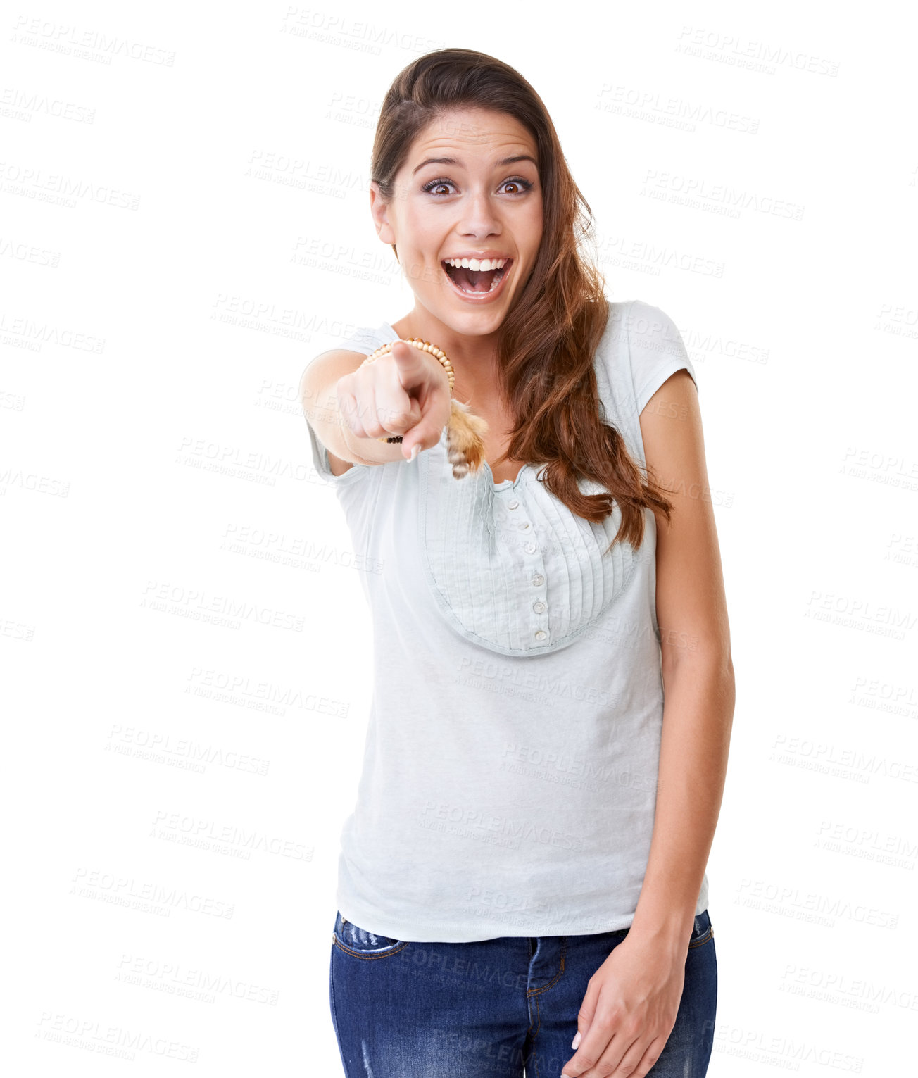 Buy stock photo Beautiful, happy and excited woman pointing finger with expression against a white studio background. Portrait of isolated female model posing with smile in happiness standing with hand gesture