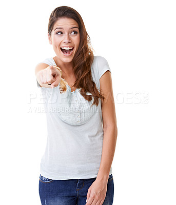 Buy stock photo Laugh, bullying and woman pointing in studio isolated on white background for humor, shame and mocking gesture. Body language, mean and girl point finger for attitude, making fun and laughing at joke