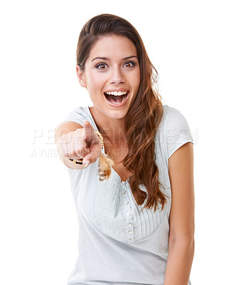 Buy stock photo Laugh, bullying and woman pointing in studio isolated on white background for humor, shame and mock. Body language, mean and portrait of girl point finger for comedy, reaction and laughing at joke