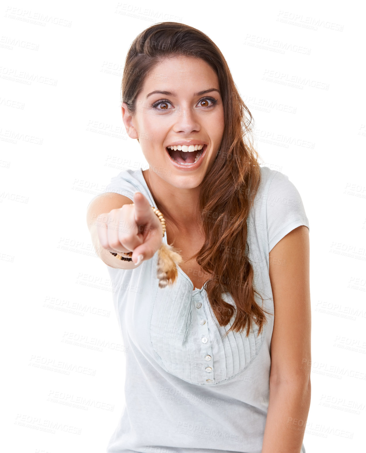 Buy stock photo Laugh, bullying and woman pointing in studio isolated on white background for humor, shame and mock. Body language, mean and portrait of girl point finger for comedy, reaction and laughing at joke