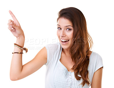Buy stock photo Happy, wow and portrait of woman with idea for innovation, creativity and solution inspiration. Happiness of optimistic girl pointing hand for ideas with excited smile on white studio background.