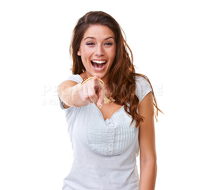 Buy stock photo A gorgeous young woman laughing and pointing at the camera
