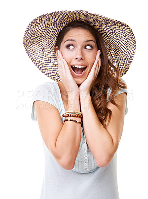 Buy stock photo Wow, surprise and happy woman in studio for fashion sale, summer discount or promotion deal on mockup. Excited young model with idea on face with retail announcement, news or promo code mock up