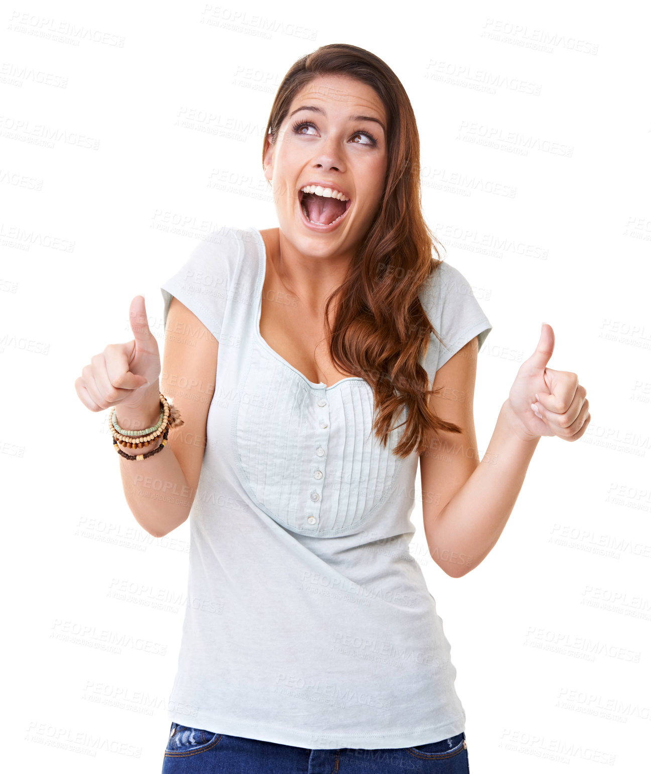 Buy stock photo Thumbs up, surprise and young woman with success, celebrate and wow with smile against white background. Support, review and positive mindset with excited face, yes and agreement, OK with thank you