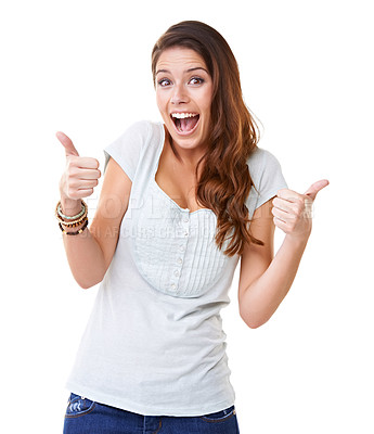 Buy stock photo A gorgeous young woman giving an enthusiastic thumb's up