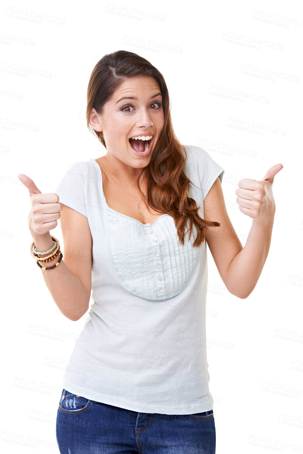 Buy stock photo Portrait, thumbs up and motivation with woman and surprise, wow smile and success against white background. Support, review and positive mindset with excited face, yes agreement and OK with thank you