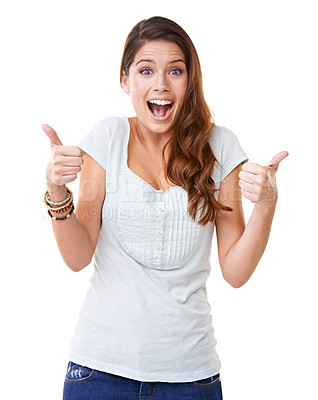 Buy stock photo Young woman, portrait and thumbs up with motivation, wow smile and success against white background. Support, review and positive mindset with excited face, yes and agreement, OK with thank you