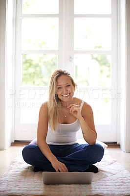 Buy stock photo Portrait, home and laptop with woman on the floor, social media and typing with connection, internet and website information. Person, bedroom and girl with happiness, relax and cheerful with tech