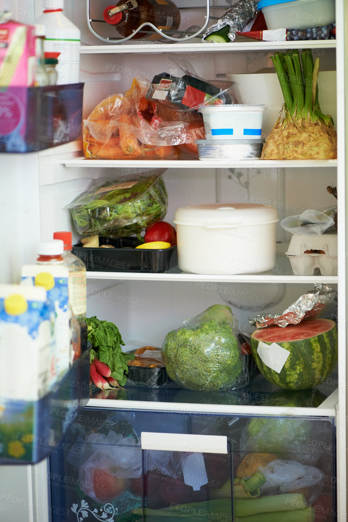 Buy stock photo Fridge, shelves and food for nutrition in kitchen with fresh, organic and produce by choice. Green, natural and plants with vegetables, fruit and protein with decision for healthy diet for wellness