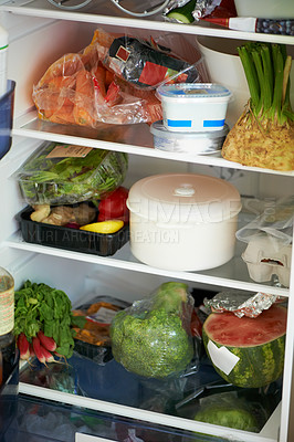 Buy stock photo Fridge, shelves and food for nutrition in health, wellness or care with grocery in kitchen. Fresh, organic and produce with greenery, vegetables and fruit for meals with vegan, vegetarian and diet