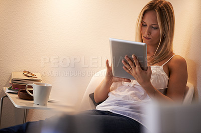 Buy stock photo Relax, home and typing with woman, tablet and calm with connection, internet and website information. Person, house and girl with network, technology and email with social media, break and peaceful